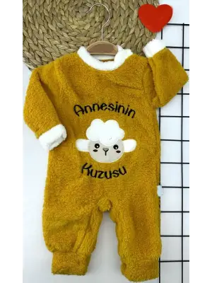 3-6-9-12 Ay Kuzu Tüylü Kumaş Annesinin Kuzusu Nakışlı Alttan Çıtçıtlı Kız Erkek Bebek Tulumu Hardal