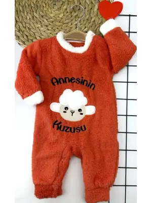 3-6-9-12 Ay Kuzu Tüylü Kumaş Annesinin Kuzusu Nakışlı Alttan Çıtçıtlı Kız Erkek Bebek Tulumu Turuncu