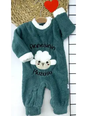 3-6-9-12 Ay Kuzu Tüylü Kumaş Annesinin Kuzusu Nakışlı Alttan Çıtçıtlı Kız Erkek Bebek Tulumu Petrol Mavisi