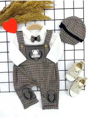 Enerjik Papyonlu Nakış Detaylı Bej Bebek Salopet Takımı