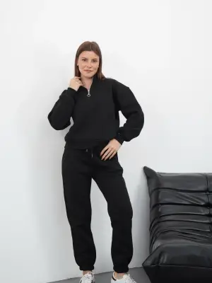 3 iplik içi Şardonlu yarım fermuarlı alt üst takım siyah