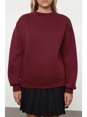 3 iplik şardonlu bisiklet yaka sweatshirt bordo