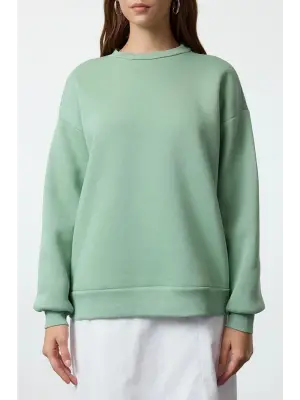 3 iplik şardonlu bisiklet yaka sweatshirt mint