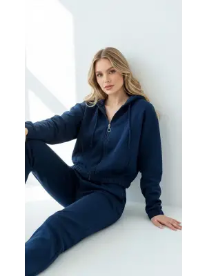 3 iplik şardonlu Kapşonlu fermuarlı kısa üst lacivert pat8590