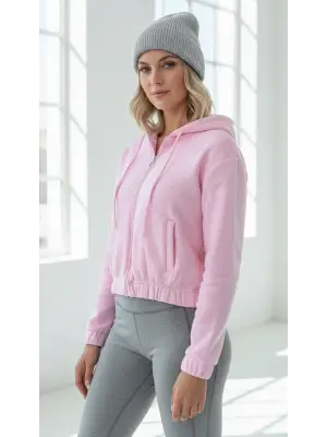 3 iplik şardonlu Kapşonlu fermuarlı kısa üst pembe pat8590