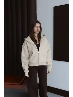 3 iplik şardonlu kapşonlu hoodie frm bej p510437