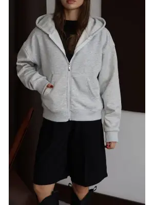 3 iplik şardonlu kapşonlu hoodie frm gri p510437