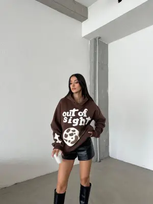 3 iplik şardonlu oversize out of baskılı sweat kahve
