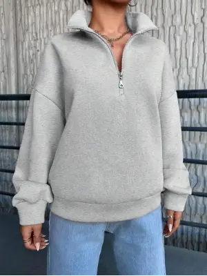 3 iplik Şardonlu yarım fermuarlı sweatshirt gri
