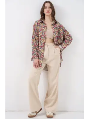 Trend Grafik Desenli Gömlek Bej
