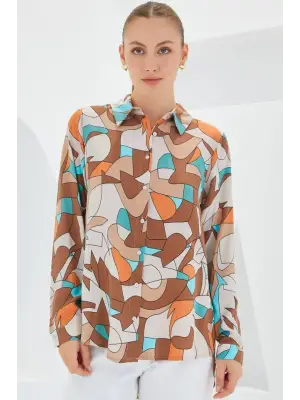 3721 Grafik Desenli Gömlek - Sütlü Kahve