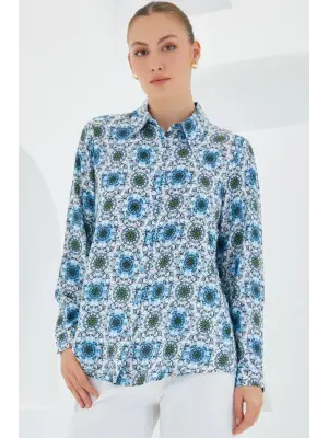 3721 Grafik Desenli Gömlek - Turkuaz