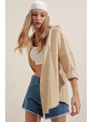 3900 Oversize Uzun Basic Gömlek - Bej