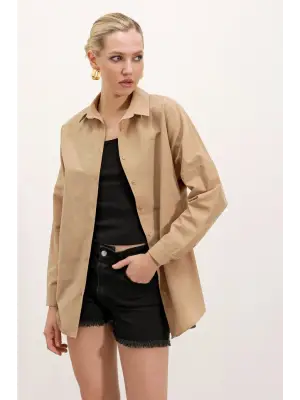 3900 Oversize Uzun Basic Gömlek - Bisküvi