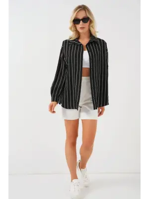 Siyah Oversize Uzun Basic Gömlek Kadın Giyim