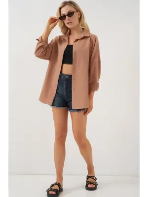 3900 Oversize Uzun Basic Gömlek - Camel
