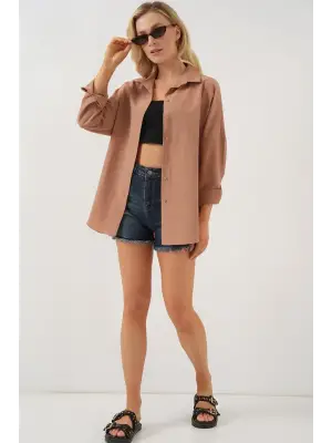 3900 Oversize Uzun Basic Gömlek - Camel