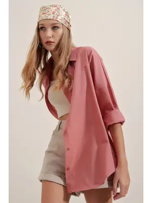 3900 Oversize Uzun Basic Gömlek - Gül Kurusu