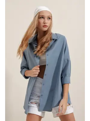 3900 Oversize Uzun Basic Gömlek - İndigo