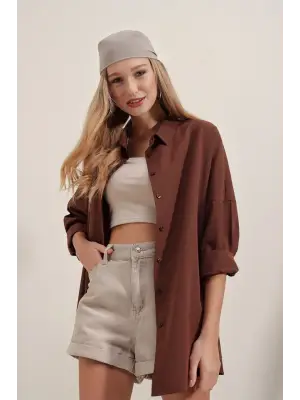 3900 Oversize Uzun Basic Gömlek - Kahverengi
