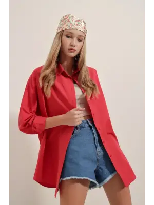 Kırmızı Uzun Basic Gömlek Kadın Giyim