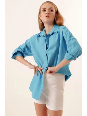 3900 Oversize Uzun Basic Gömlek - Koyu Mavi