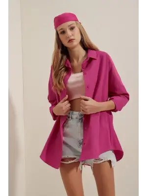 3900 Oversize Uzun Basic Gömlek - Koyu Pembe
