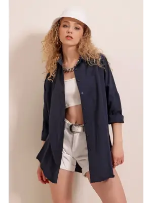 3900 Oversize Uzun Basic Gömlek - Lacivert