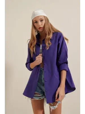Mor Oversize Uzun Basic Gömlek Kadın Giyim