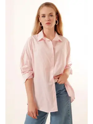 3900 Oversize Uzun Basic Gömlek - Pudra