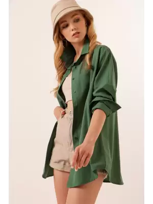 3900 Oversize Uzun Basic Gömlek - Zümrüt Yeşili