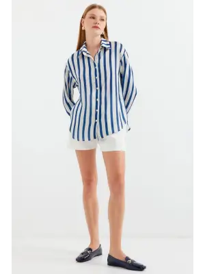 3964 Hafif Dökümlü Saten Gömlek - B.Lacivert