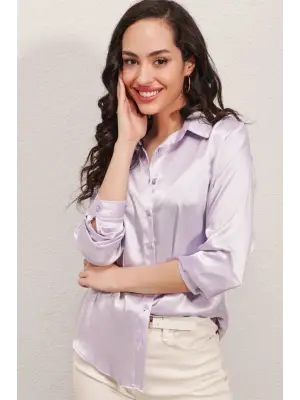 3964 Hafif Dökümlü Saten Gömlek - B.Lila