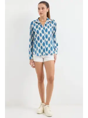 3964 Hafif Dökümlü Saten Gömlek - B.Mavi