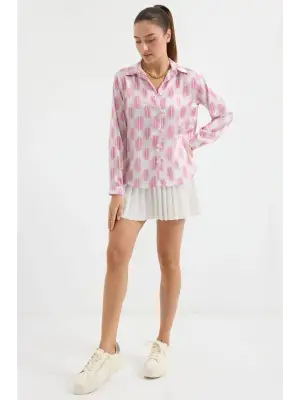 3964 Hafif Dökümlü Saten Gömlek - B.Pembe