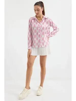 3964 Hafif Dökümlü Saten Gömlek - B.Pembe