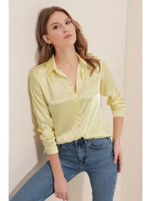 3964 Hafif Dökümlü Saten Gömlek - B.Sarı