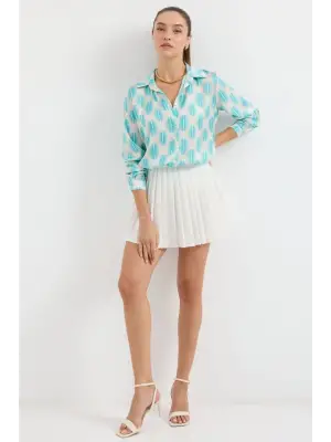 3964 Hafif Dökümlü Saten Gömlek - B.Turkuaz
