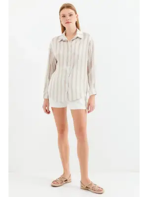 3964 Hafif Dökümlü Saten Gömlek - C. Bej