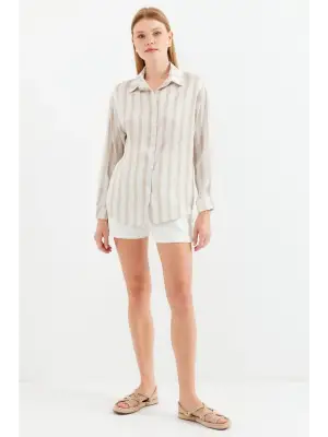 3964 Hafif Dökümlü Saten Gömlek - C. Bej