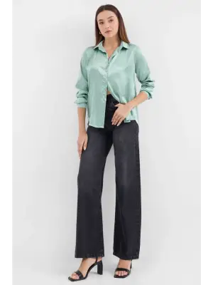 3964 Hafif Dökümlü Saten Gömlek - Çağla