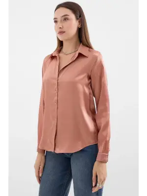 3964 Hafif Dökümlü Saten Gömlek - Camel