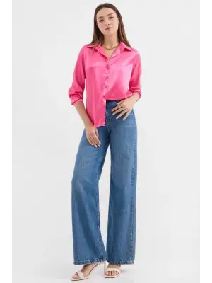 3964 Hafif Dökümlü Saten Gömlek - Fuşya