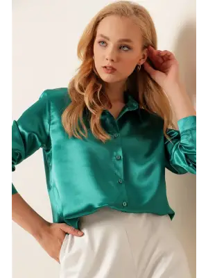 3964 Hafif Dökümlü Saten Gömlek - Koyu Yeşill
