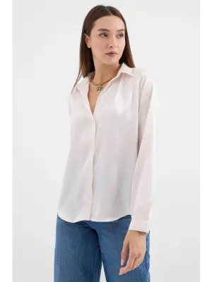 3964 Hafif Dökümlü Saten Gömlek - Krem