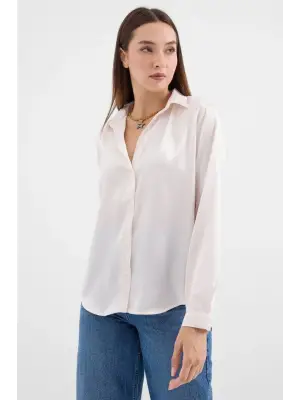 3964 Hafif Dökümlü Saten Gömlek - Krem