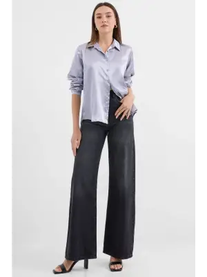 3964 Hafif Dökümlü Saten Gömlek - Lila