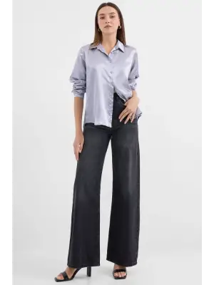 3964 Hafif Dökümlü Saten Gömlek - Lila