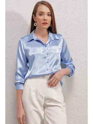 3964 Hafif Dökümlü Saten Gömlek - Mavi