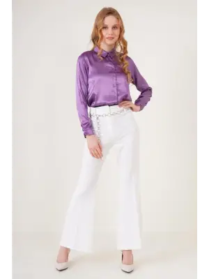 3964 Hafif Dökümlü Saten Gömlek - Mor